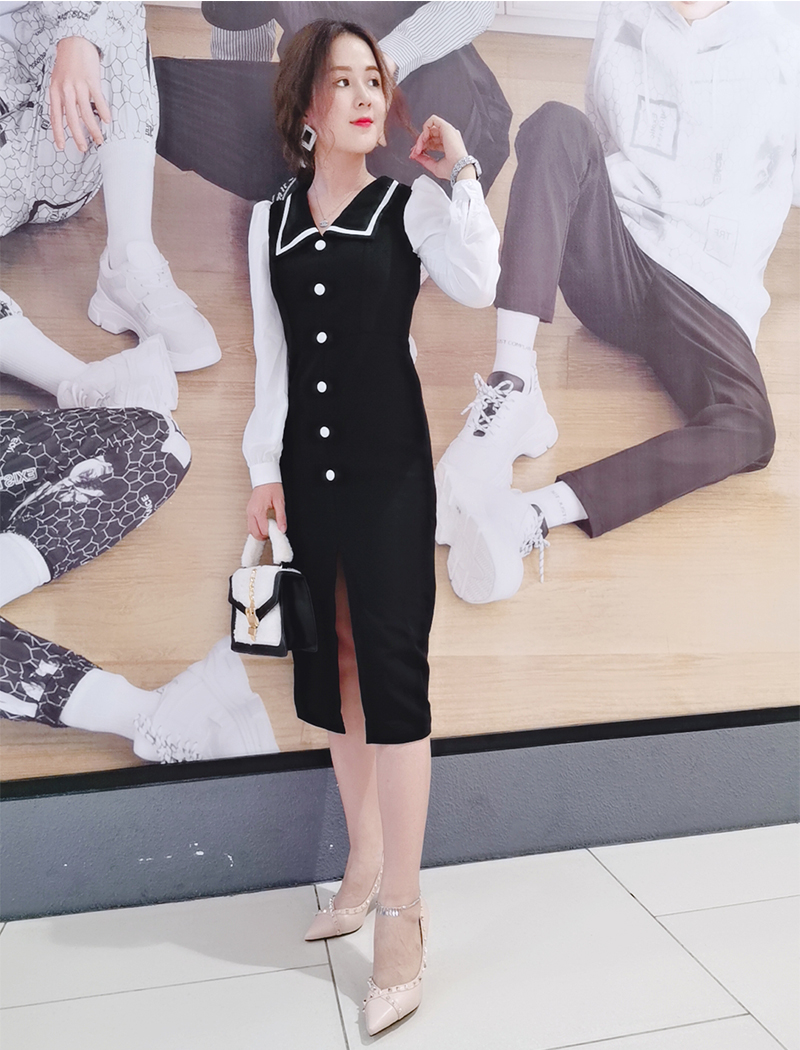 Đầm ôm body kiểu tay dài trắng viền cổ